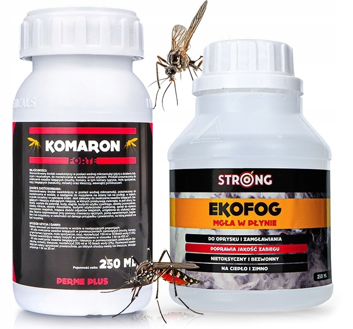 Tekutina proti kliešťom, komárom Komaron Forte 250 ml + Tekutina proti švábom, kliešťom, komárom, mravcom, muchám, pavúkom, blchám, plošticám, rybkám Strong 0,35 kg 250 ml